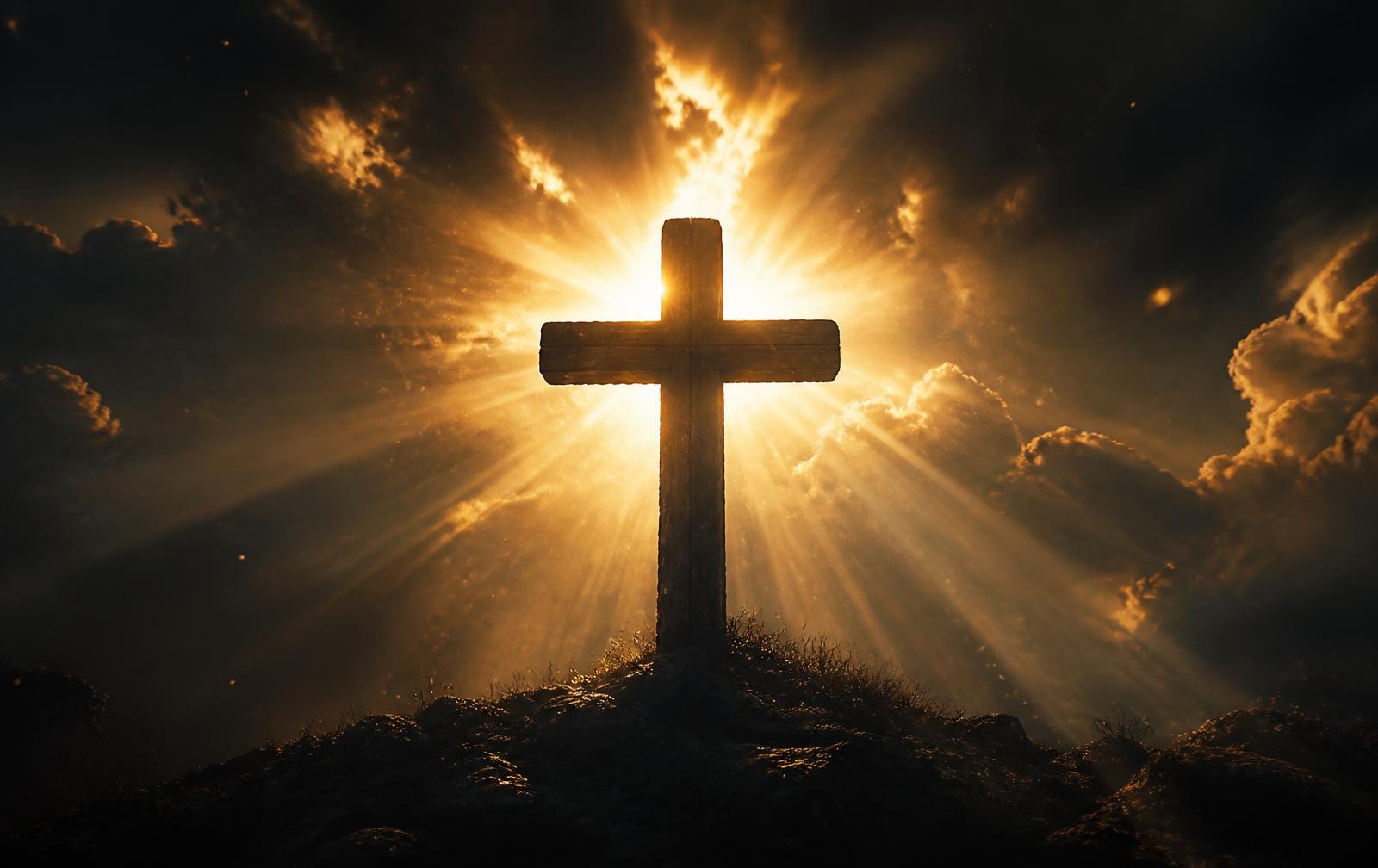 A wooden cross silhouetted against golden rays of divine light